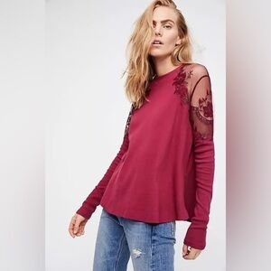 Free People Red Embellished Blouse with Sheer Panels Small